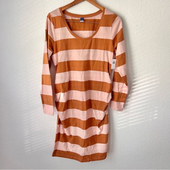 Old Navy Maternity Orange & Pink Striped Midi Dress Sz L NWT - Picture 1 of 5